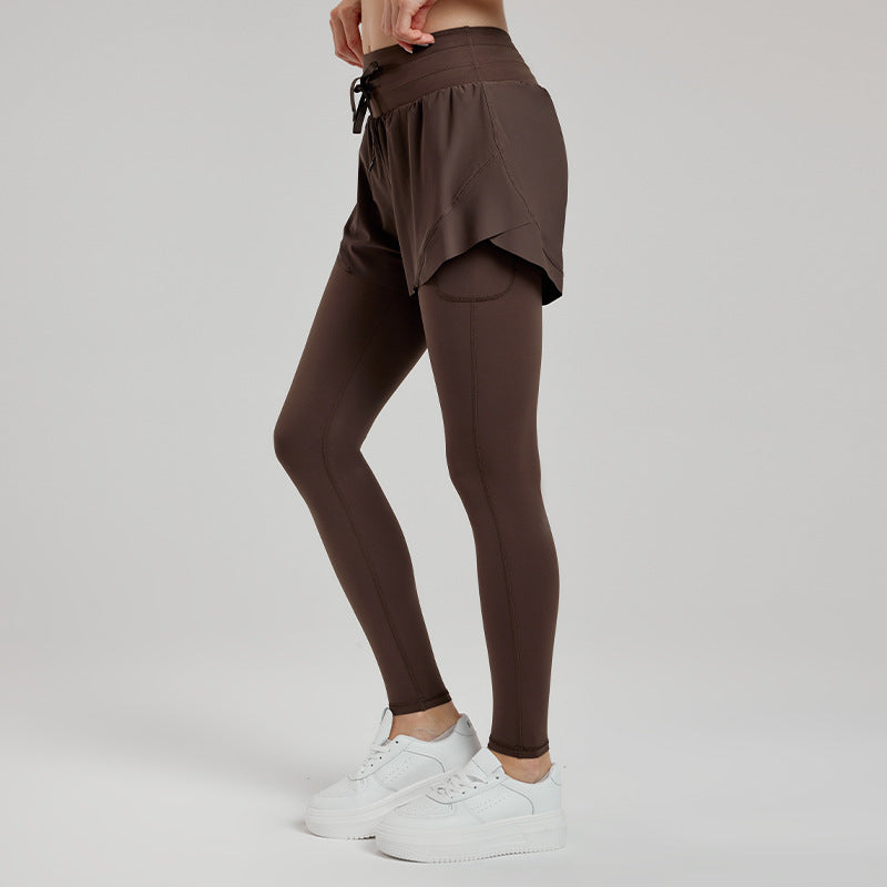 Anti Exposure Faux Two Piece Yoga Trousers High Waist Drawstring Fitness Pants Casual Wild Running Quick Drying Tight Sports Pants