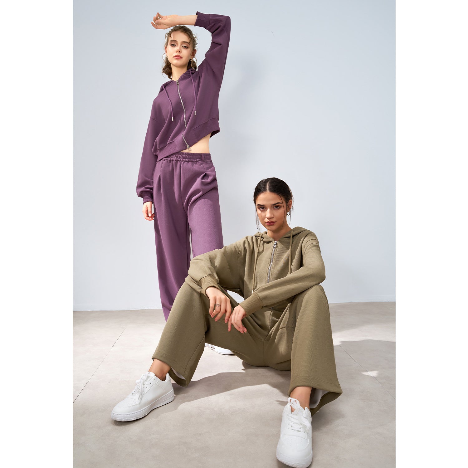 Sports Casual Women Idle Knitted Hoodie Coat Wide Leg Pants Two Piece Set