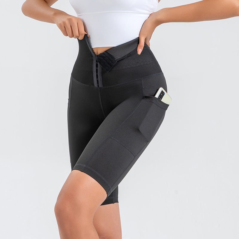 Belly Waist Shaping Fitness Pants Women Tight Running Quick Drying Sports Shorts High Waist Hip Lift Five Point Pocket