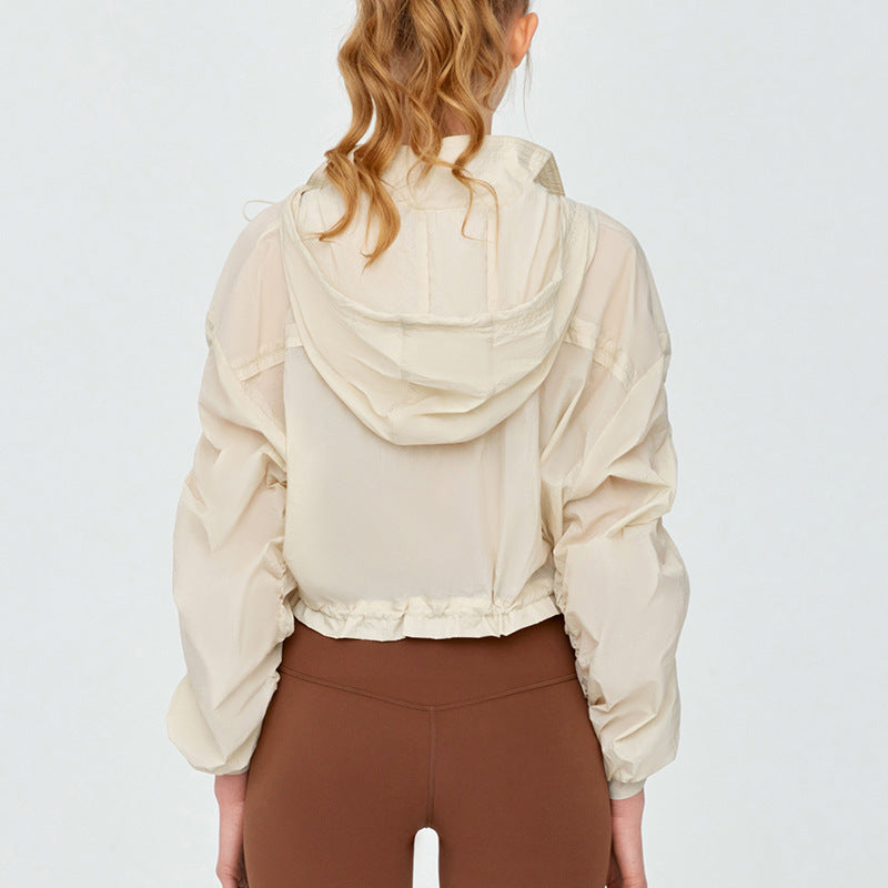 High Grade Sun Protective Clothing Women Outdoor Loose Short Breathable Sun Protection Long Sleeve Hooded Ruched Sun Protection Jacket