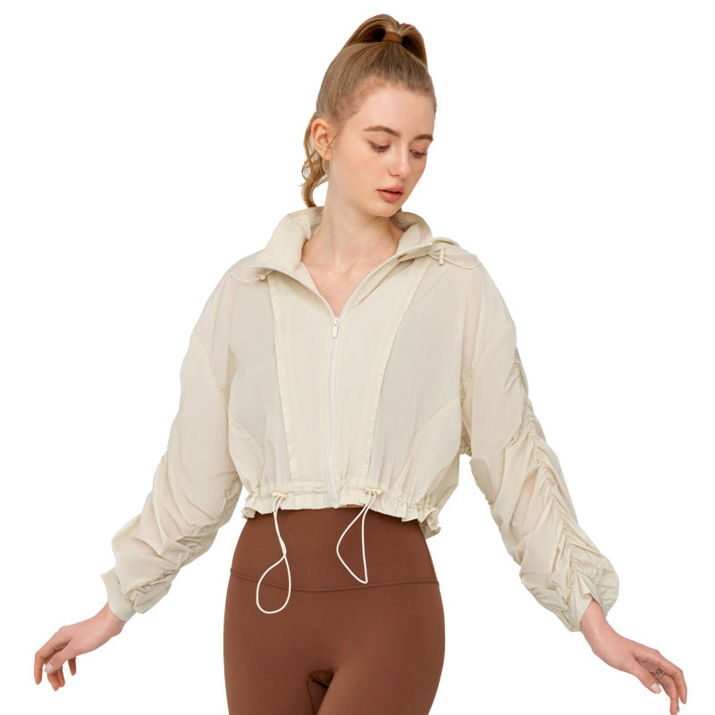 High Grade Sun Protective Clothing Women Outdoor Loose Short Breathable Sun Protection Long Sleeve Hooded Ruched Sun Protection Jacket