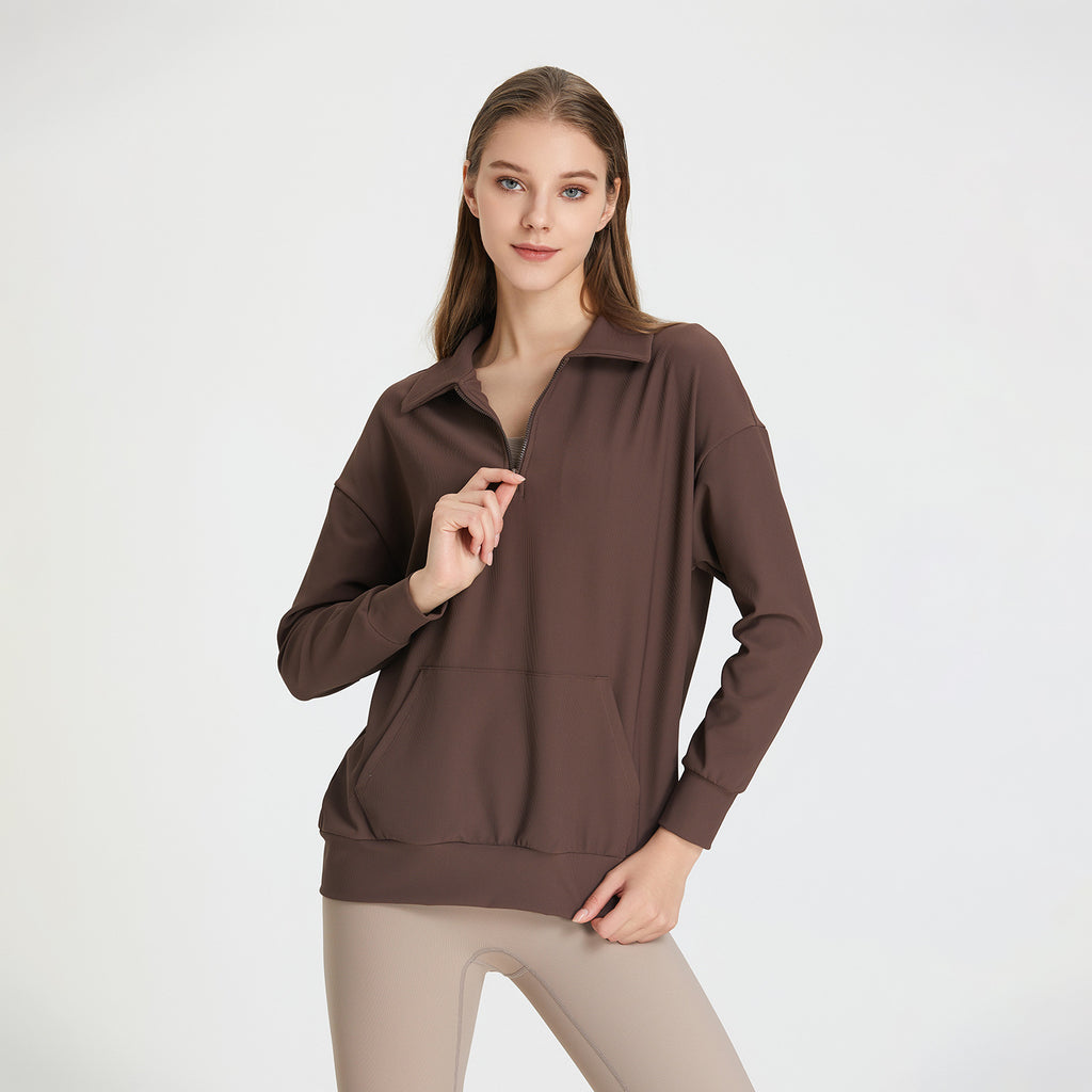 Pull de sport automne-hiver à col côtelé pour femme, fermeture éclair demi-hauteur, idéal pour le yoga, la course et l'entraînement, manches longues