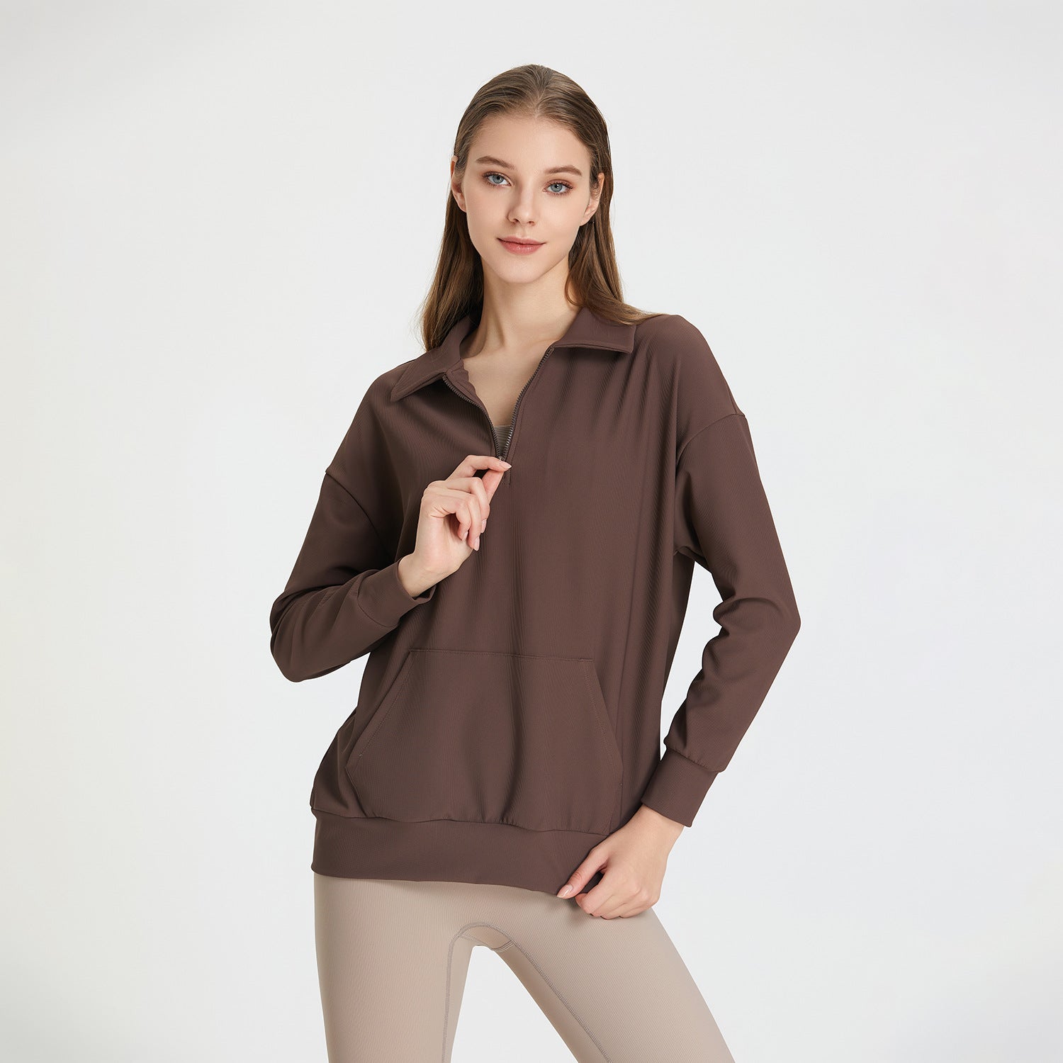 Pull de sport automne-hiver à col côtelé pour femme, fermeture éclair demi-hauteur, idéal pour le yoga, la course et l'entraînement, manches longues