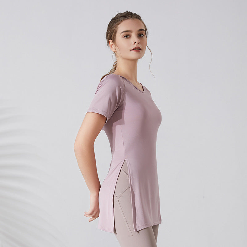 Ropa deportiva ajustada y fina para mujer, con capucha, de manga corta, de secado rápido, larga hasta el muslo, para yoga