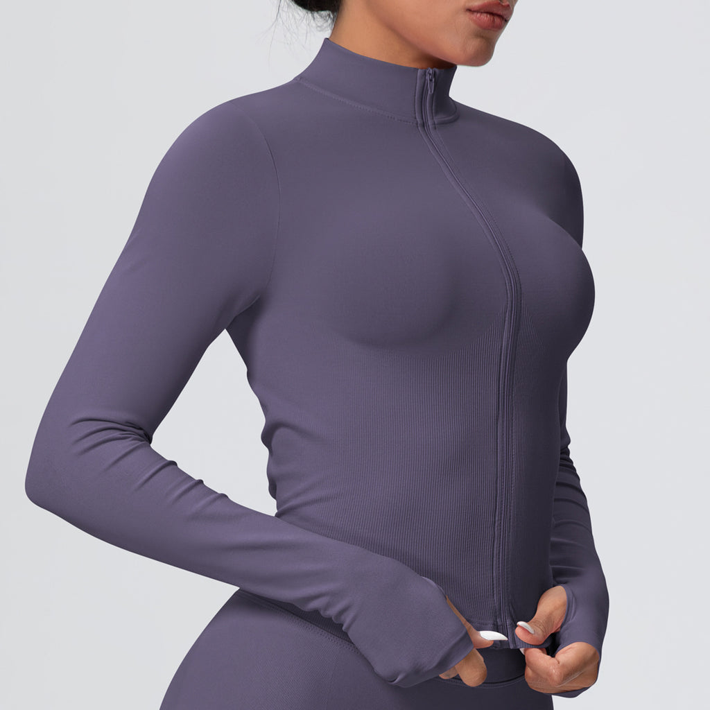 Stand Collar Knitted Long Sleeve Zipper Yoga Jacket Women Tight Quick Drying Yoga Clothes Outdoor Fitness Sports Top