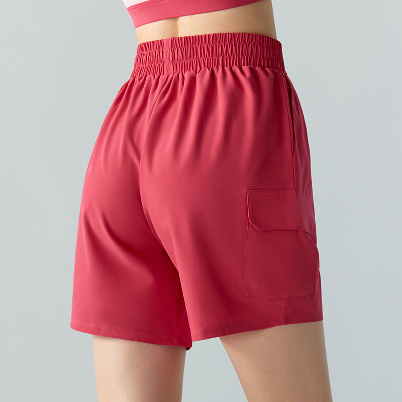 Elastic Waist Casual Fitness Cropped Pants Women Retro Pocket Workwear Shorts High Waist Slimming Wide Leg Sports Wide Leg Pants