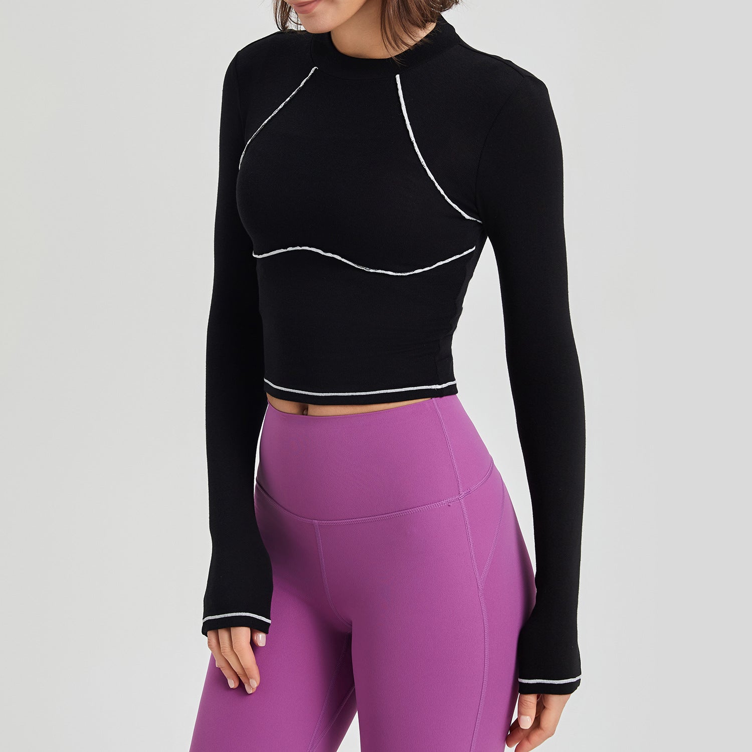 Vêtements de sport automne-hiver pour femmes, manches longues, moulant, haut de sport en mousse, couleurs contrastées, vêtements de course et de yoga.