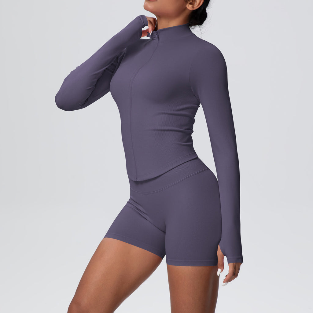 Chaqueta de yoga de punto con cuello alto y manga larga con cremallera, pantalones cortos ajustados de secado rápido, conjunto de ropa deportiva para mujer