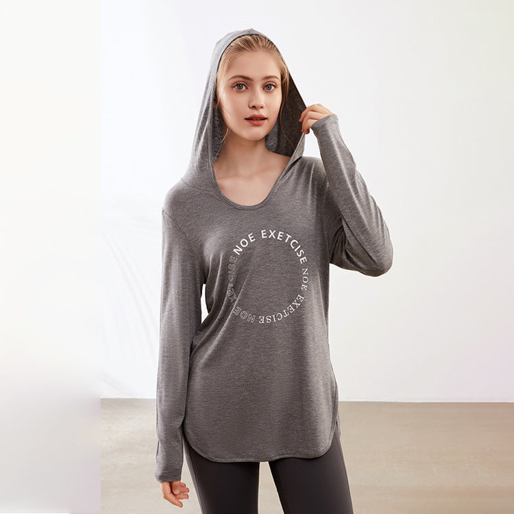 Printed Logo Sports Long Sleeve Breathable Fitness Running Hooded Top Loose Yoga Clothes Women Overall