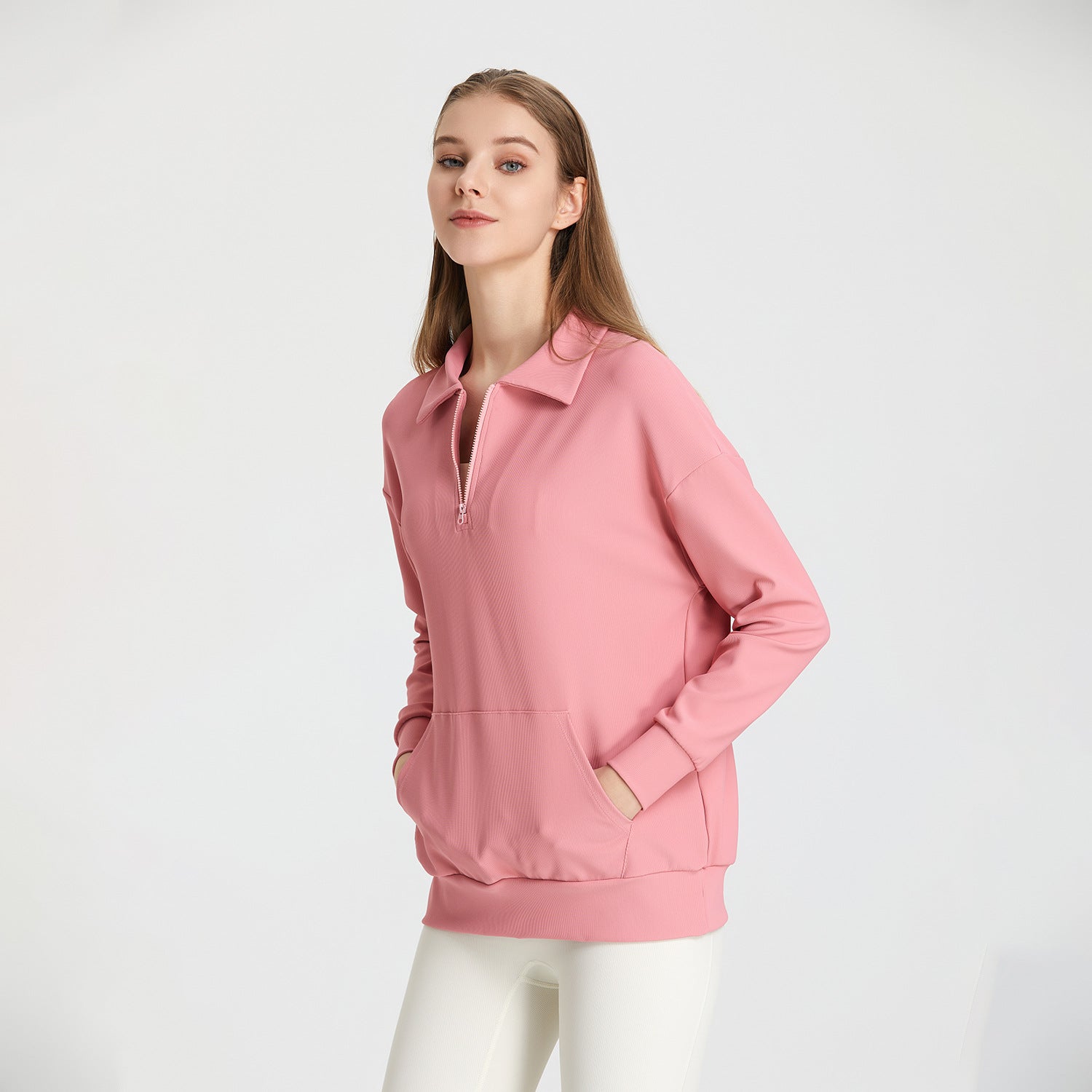 Pull de sport automne-hiver à col côtelé pour femme, fermeture éclair demi-hauteur, idéal pour le yoga, la course et l'entraînement, manches longues