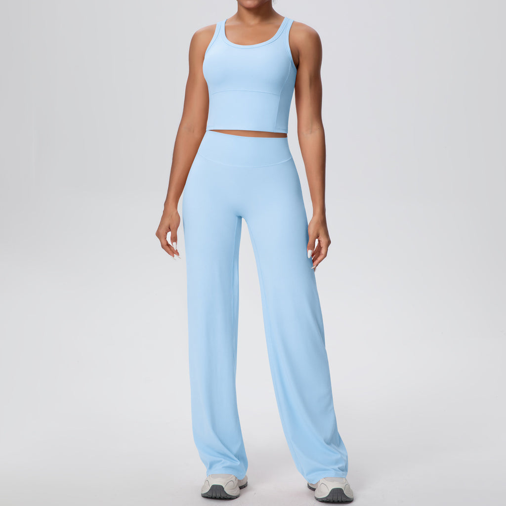 Micro Brushed Solid Color Beauty Back Exercise Vest Yoga Pants Running Baggy Straight Trousers Fitness Yoga Wear Set