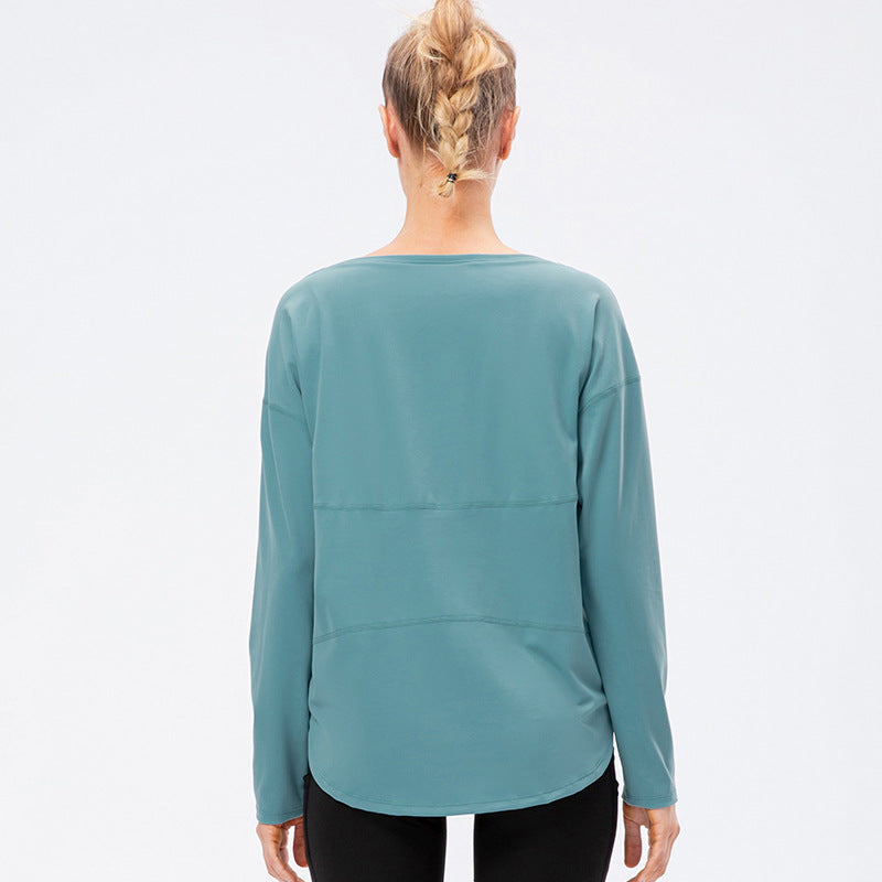 Women Autumn Winter Nylon Double Sided Nude Feel Yoga Long Sleeve Off Shoulder Loose Running Training Workout Clothes