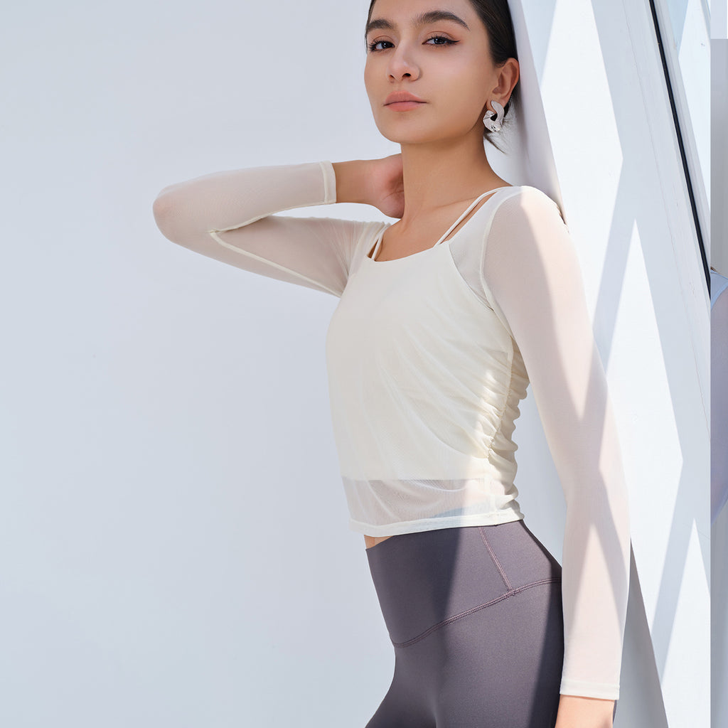 Yoga Clothes Women Spring Summer Exercise Yoga Clothes Top with Chest Pad Slim Outer Wear Running Fitness Mesh Breathable Long Sleeve